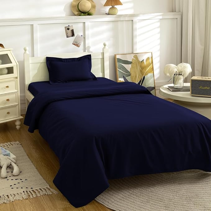 3 Piece Toddler Sheet Set,Navy Basics Bed Sheet Set for Toddler,Microfiber 3-Piece Sheet Set Soft Breathable Crib Bedding Set for Kids,Includes Flat Sheet, Fitted Sheet, Pillowcase