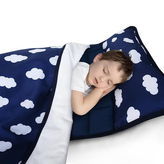 Biloban Toddler Nap Mat with Pillow and Blanket, Portable Nap Mats for Preschool Kindergarten Daycare Roll up Sleeping Bag for Kids Quilted Nap Mat, Super Soft & Cozy, Dark Blue, 50" x 21"
