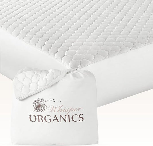 100% Cotton Organic Mattress Pad - Breathable & Cooling Mattress Protector Cal King - Premium 300GSM Quilted and Noiseless Machine Washable Organic Mattress Protector (White, Cal King)