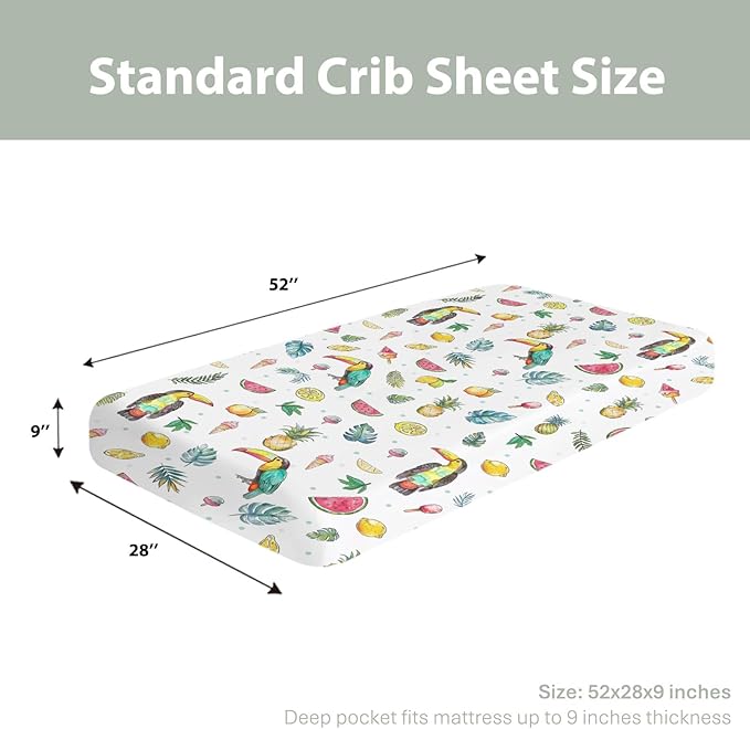 Toucan Tropical Flowers Leaves Baby Crib Sheets for Boy Girl 52"x28" Summer Birds Fruits Soft Snug Fitted Crib Mattress Cover Beach Vacation Baby Sheet for Standard Crib and Toddler Bed Mattresses