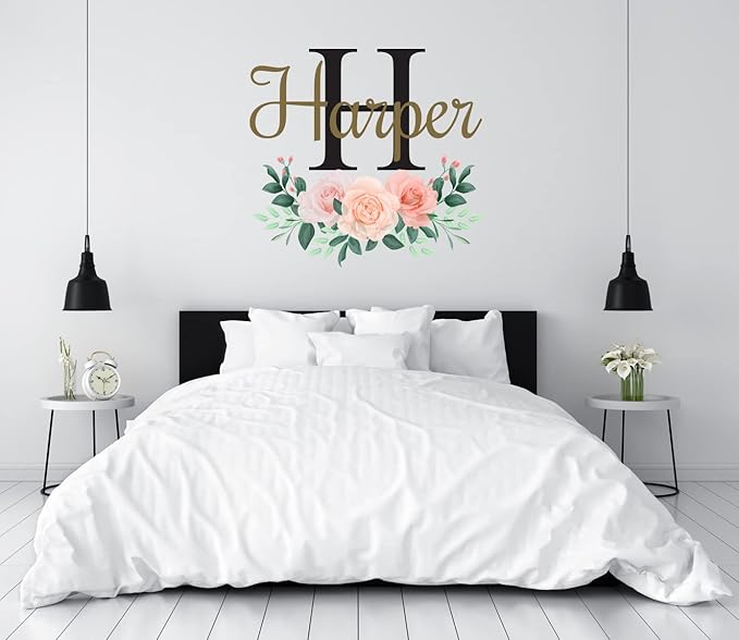 CuteDecals Flowers Custom Name & Initial Wall Decal - Personalized Peonies Art Decor Mural Girls Stickers For Nursery Bedroom Decoration (Mini Wide 15''x13'' Height)