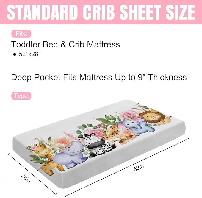 Baby Jungle Safari Animals Tropical Leaves Flowers Baby Crib Sheet 52''x28'' Fitted Crib Mattress Cover for Boy Girl Nursery Toddler Bed Sheet Fits Standard Crib and Toddler Mattresses Floral