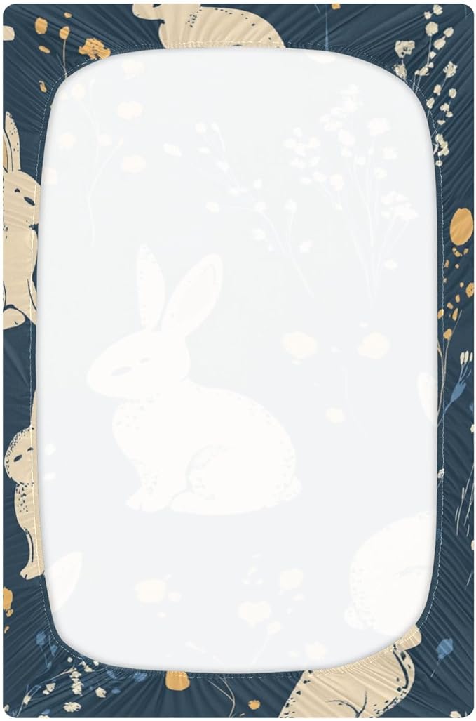 Easter Bunny Floral Dark Blue Crib Sheets Standard Crib Toddler Mattresses Cover Fitted Baby Bed Sheet Breathable Crib Mattress Sheet for Girls Boys 52" x 28"x5''