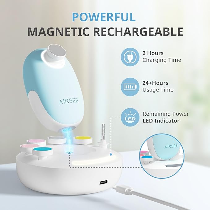 AIRSEE Premium Newborn Gift, Electric Baby Nail File, Cordless Safe Nail Trimmer for Infant, 6 Replacement Heads with Magnetic Storage Case, 360° Light, Baby Clipper, Christmas, Light Blue