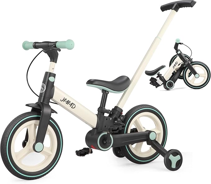 JMMD 6 in 1 Toddler Bike with Push Handle for Kids 18-60 Months, 12" Foldable Balance Bike with Training Wheels, Pedals, Brakes, Kickstand, Push Tricycle Toddler Gift & Toys for Boy & Girl
