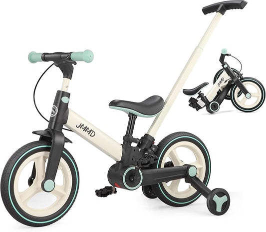 JMMD 6 in 1 Toddler Bike with Push Handle for Kids 18-60 Months, 12" Foldable Balance Bike with Training Wheels, Pedals, Brakes, Kickstand, Push Tricycle Toddler Gift & Toys for Boy & Girl