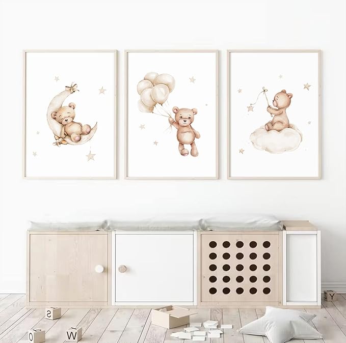 Baccone Bear Nursery Wall Art Decor Set of 3 Teddy Bear Canvas Wall Art Baby Boy Nursery Decor Prints Neutral Pictures Moon Star Cloud Print for Girls Children Room 12x16 Inch Unframed