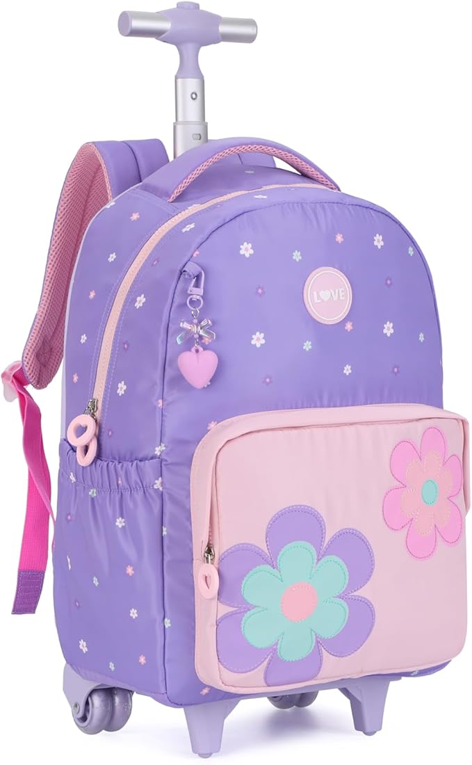 kingdisen Rolling Backpack for Girls Backpack with Wheels Kids Cute Carry on Backpack with Lunch Box Pencil Case for Elementary Student Teen Girls Luggage (TWO FLOWERS PURPLE)