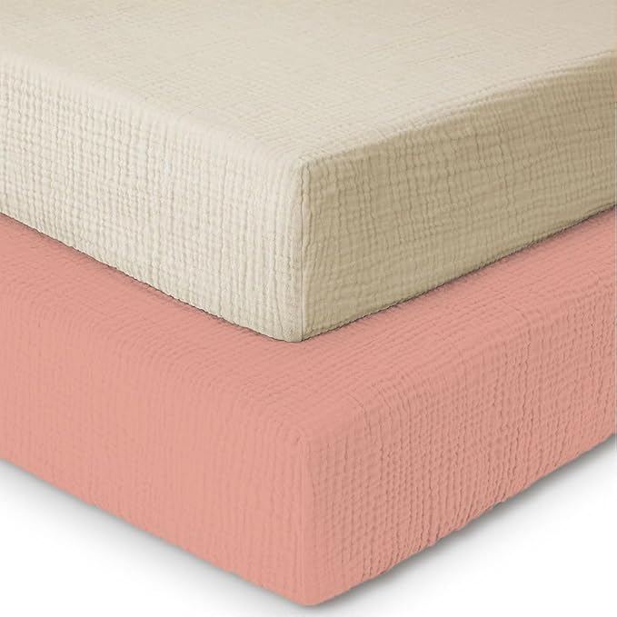 Mère & Moi Muslin Fitted Crib Sheets – 100% Cotton, Ultra-Soft & Breathable Baby Bedding for Standard Crib & Toddler Mattress (28” x 52”) - 2 Pack (Pink and Cream)