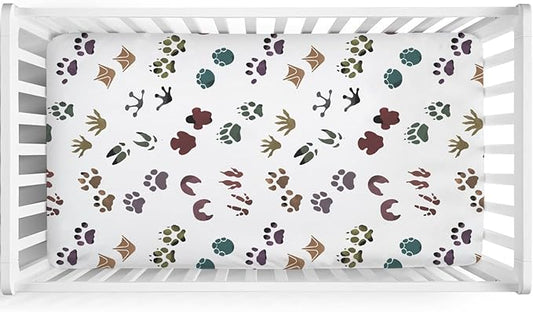 Cute Animals Tracks Baby Crib Sheets 52''x28'' Animals Footprint Snug Fitted Crib Mattress Cover for Boy Girl Wild Animals Soft Baby Bed Sheets for Standard Crib and Toddler Mattresses