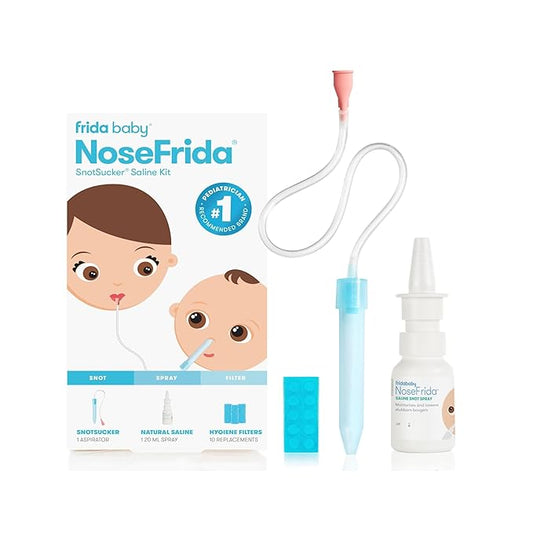 Frida Baby Saline Kit, Cold & Flu 12 pc Set Includes NoseFrida Nasal Aspirator for Baby, Nose Sucker, Saline Nasal Spray with 10 Extra Hygiene Filters, Nasal Spray Decongestant, 0.68 fl oz