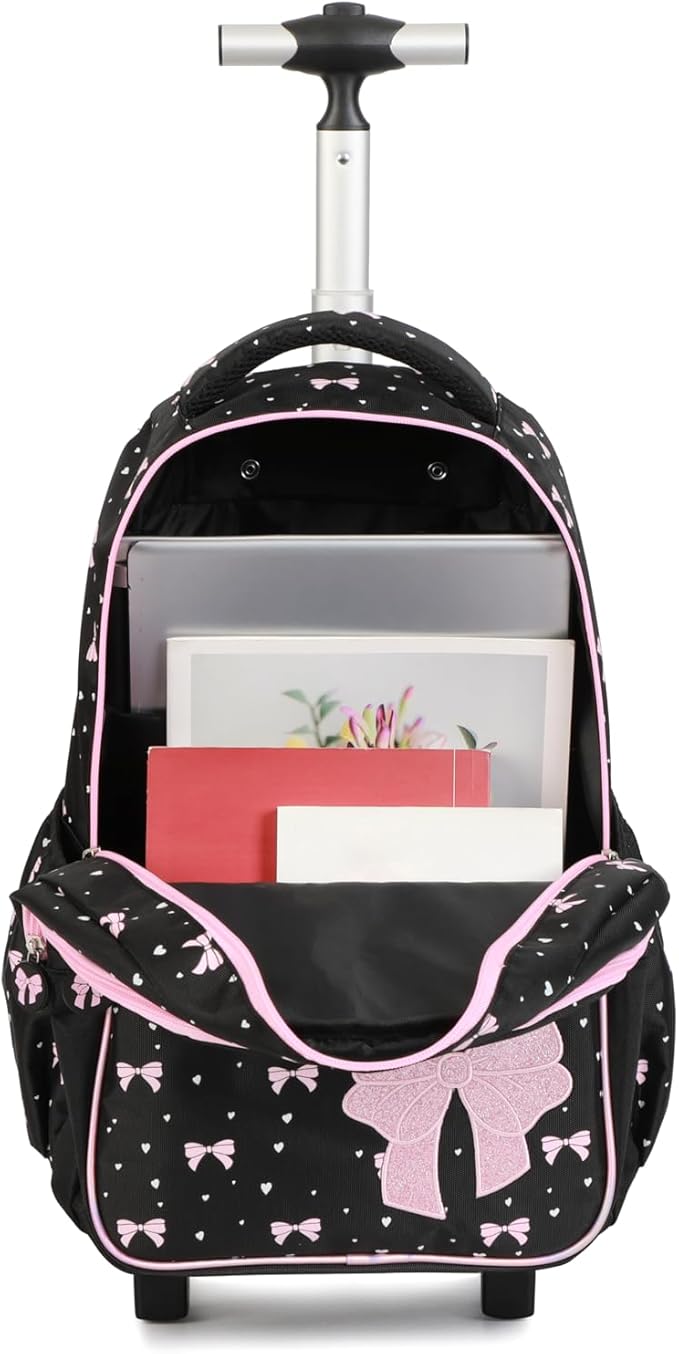 kingdisen Women Large Rolling travel Backpack for kids, Wheeled Backpack with Adjustable Shoulder Straps, Nylon Book Bag 3pc Set (BOWKNOT BLACK)