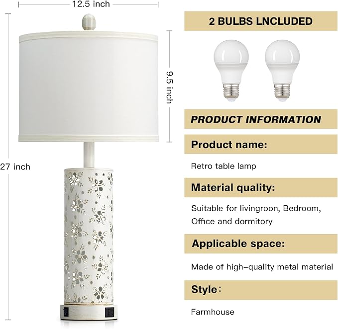 Cinkeda Set of 2 Rustic Table Lamps for Living Room Bedroom, Vintage Farmhouse Nightstand Lamp with 2 USB Ports, Hollow Out Metel Lamp for End Table with Nightlight (Retro White)