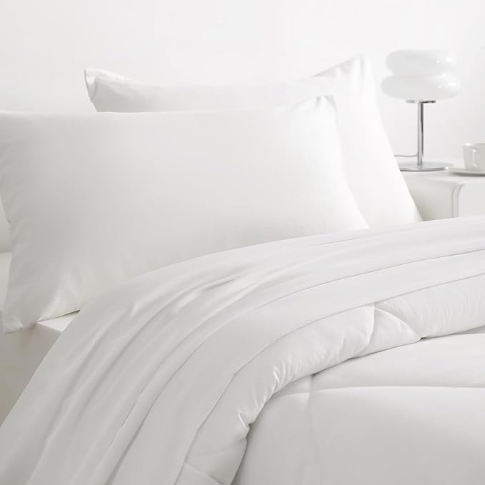 NTBAY Twin Comforter Set with Sheets, 5 Pieces Soft and Breathable Twin Bedding Set, Twin Bed in a Bag, Down Alternative Comforter Set Solid Color All Season, Kids Bedding Set, White