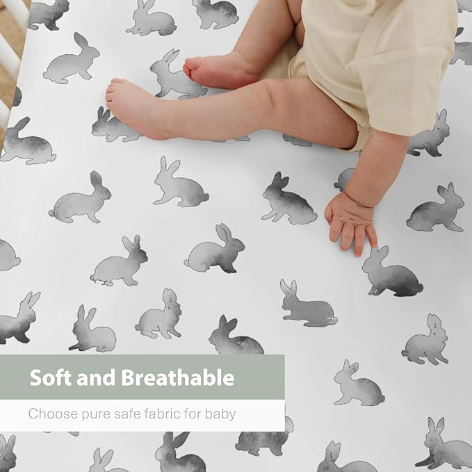 Vintage Gray Rabbit Baby Crib Sheets for Boy Girl 28"x52" Retro Bunny Soft Stretchy Fitted Crib Mattress Cover Spring Garden Animal Nursery Baby Sheet for Standard Crib & Toddler Mattress Pad