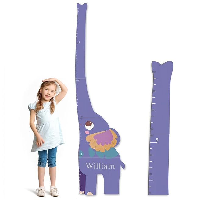 Woodemon Personalized Name Growth Chart for Kids, Elephant Patchwork Wooden Height Chart for Wall Decor, Custom Height Ruler, Baby Boy Girl Measurement Ruler for Bedroom Playroom, Easy to Mark