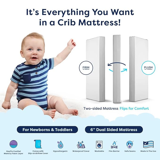 Moonlight Slumber Luxury Dreamer Crib Mattress – Dual-Sided Baby and Toddler Mattress with CoolGel Memory Foam, Waterproof Cover, 6" Foam, Standard Size, Made in USA
