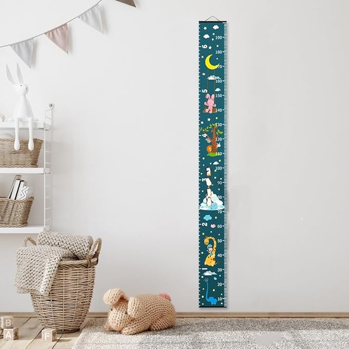 Baby Height Growth Chart - Canvas Height Chart for Kids Baby Child Toddler Boys Girls Growth Chart for Wall Room Nursery Decor Hangable and Removable Measuring Wall Ruler (Moon Rabbit, Black Wood)