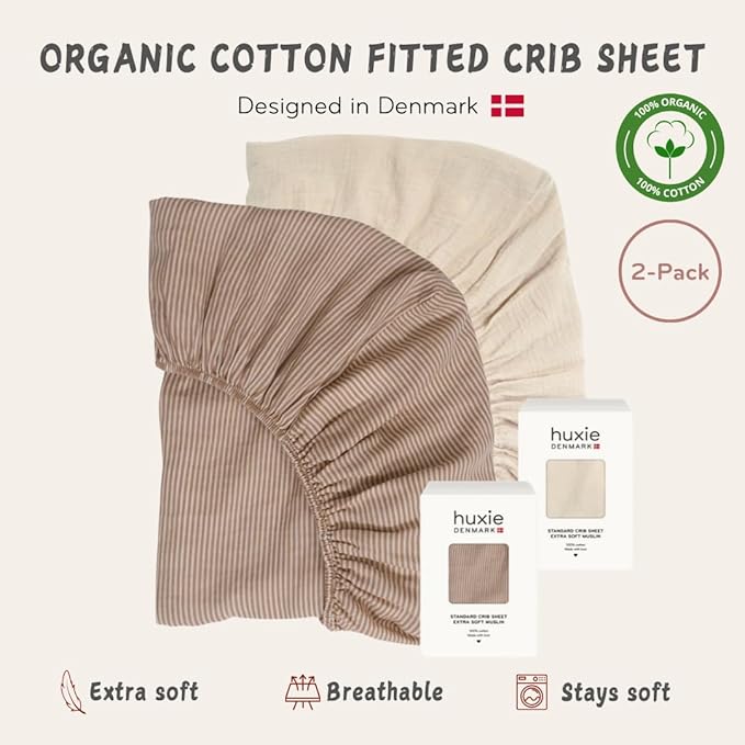 Crib Sheets – Organic Cotton Muslin Fitted Crib Sheet – Standard Size for Baby Boy and Baby Girl 28" x 52" Ultra-Soft and Breathable. 2-Pack(Fog/Stripe)