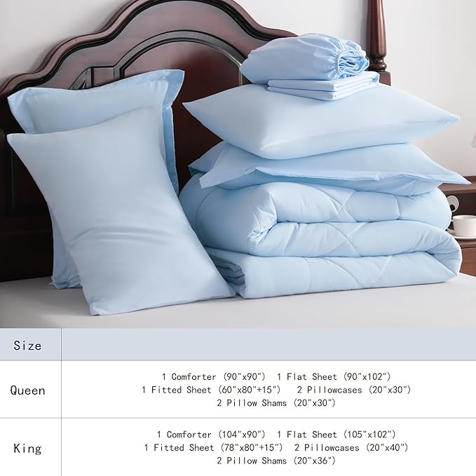 NTBAY Queen Comforter Set with Sheets, 7 Pieces Soft and Breathable Queen Bedding Set, Bed in a Bag, Down Alternative Comforter Set Solid Color All Season, Queen Bedding Set, Aqua