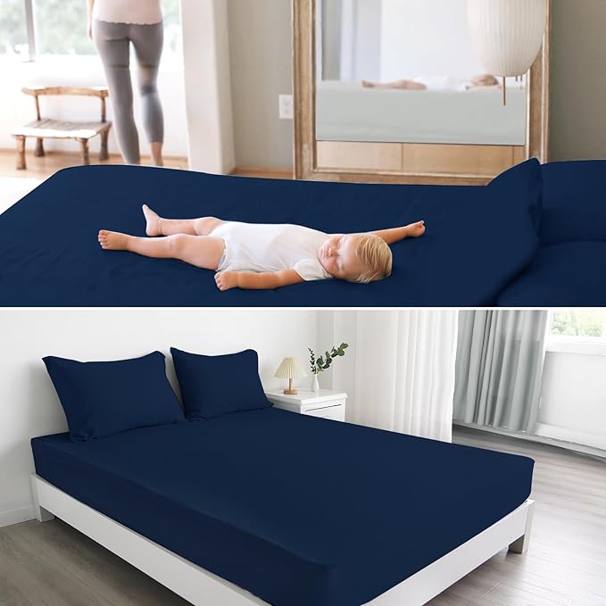 2 Pack Twin Mattress Protector, Waterproof Bed Fitted Sheet, Machine Washable 14" Deep Pocket Mattress Covers for Kids Bed, Navy Blue