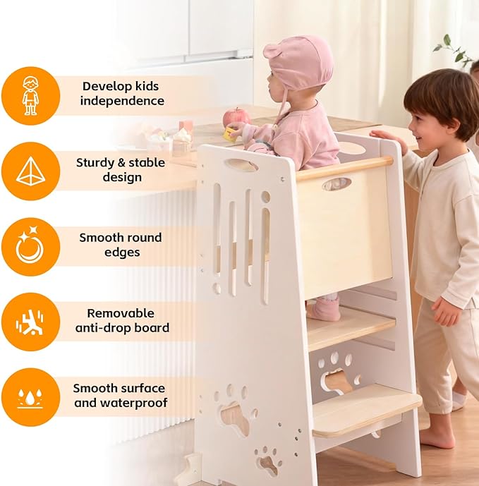 Toddler Tower,Height-Adjustable Step Stool with Sliding Safety Door,Easy to Adjust Height,Suitable for Kids from 18 Months to 5 Years Old,Anti-tilt Kitchen Step Stool with Safety Feet-White
