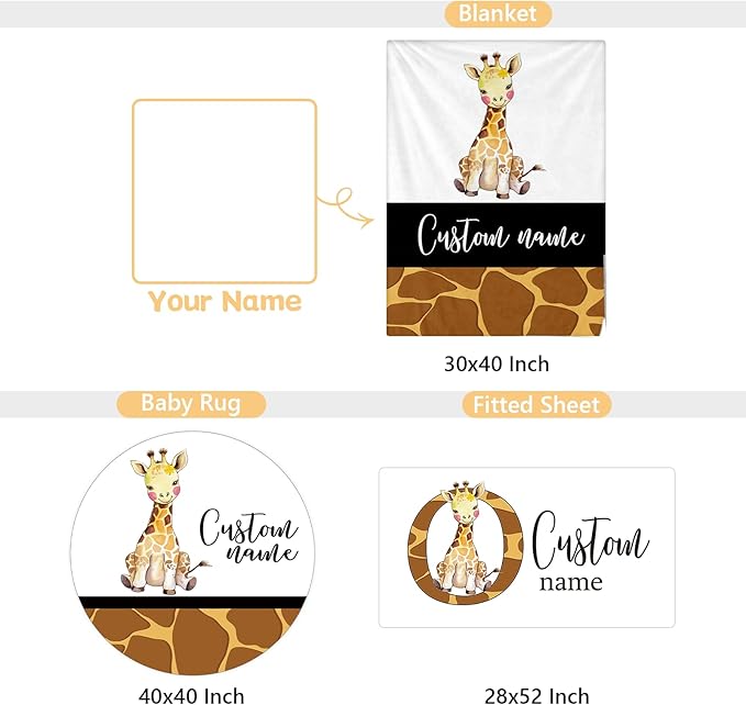 Personalized Baby Crib Bedding Set - 3 Pcs Custom Nursery Bedding Set with Name, Soft Double Layer Baby Crib Set for Girls Boys, Customized for Infant Toddler, Brown Giraffe
