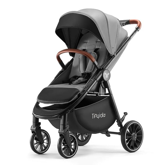 Tinyiota Stroller for Babies,Toddler Strollers with Large UPF 50+ Canopy,Luxury Baby Stroller with Leather Handle & Spacious Seat, One-Hand Foldable Pushchair,Baby Carriage with Lie-Flat Mode(Gray)