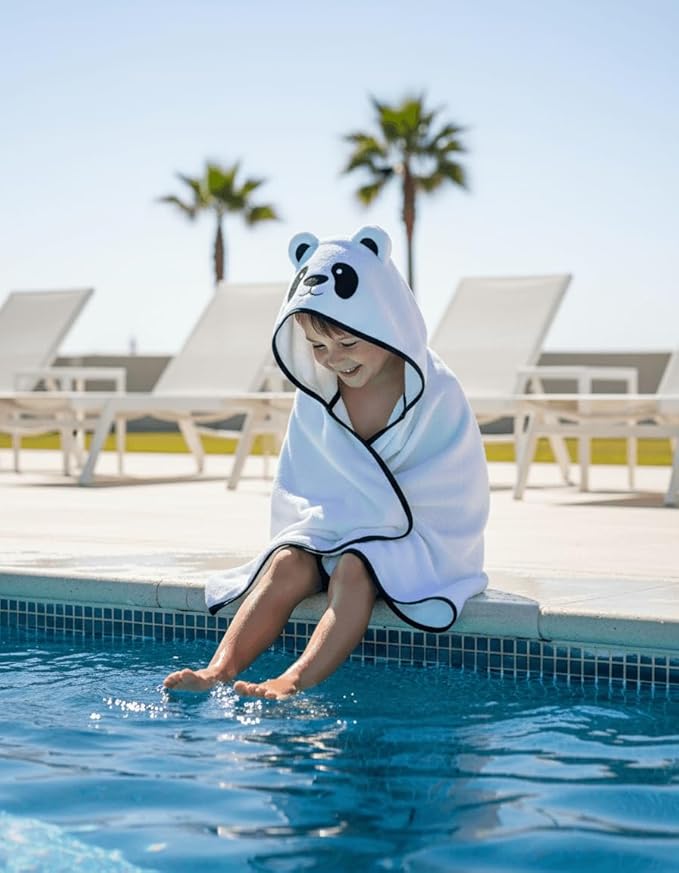 BAGNO MILANO Kids Organic Turkish Cotton Hooded Beach Cover-Up Towel, GOTS Certified, for Boys and Girls (Panda White, 24"x48"+8"/Hooded Towel)
