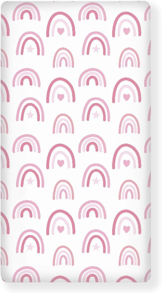 Pink Hand Drawn Boho Rainbow Fitted Crib Sheet Rainbow Baby Crib Sheet Fit Standard Crib and Toddler Mattress,Crib Mattress Sheets for Boys Girls 28"x52"