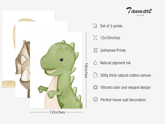 Dinosaur Wall Art Kids Boys Room Canvas Wall Decor Dino Nursery Wall Art Pictures Baby Dinosaur Poster Prints for Boys Bedroom Bathroom 12x16 Inch Unframed Set of 3