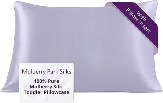 Mulberry Park 19 Momme Silk Pillowcase with Insert for Kids & Toddlers - Prevents Bed Head & Frizz, Gentle on Delicate Skin & Hair - Grade 6A Pure Mulberry Silk - 13" x 19" /Peaceful Purple