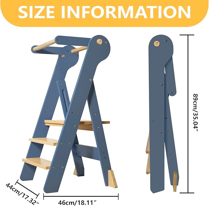 Foldable Toddler Tower, Kids Kitchen Step Stool, Height Adjustable Montessori Toddler Standing Tower with Safety Rail & Anti-Slip Design, Wooden Helper Stool for Ages 1–6 (Blue Gray)