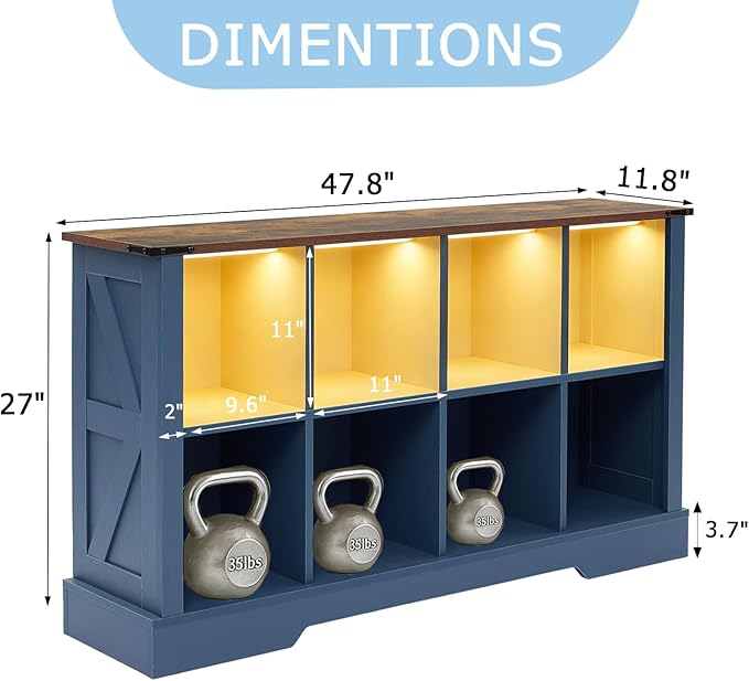 Puntogen 8 Cube Storage Organizer, Wood Cube Bookshelf with LED Lights, Horizontal Storage Cubes, Kids Bookshelf, Display Cabinet Cubby Shelf for Living Room Home Office Bedroom，Navy Blue