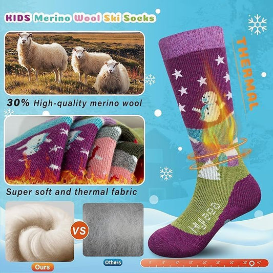 Hylaea Merino Wool Ski Socks Kids, Knee-high Warm Thermal Snowboard Skating Socks for Boys Girls Toddler