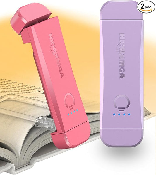 Book Reading Light,2 Pack Silent Touch Books Lamp for Reading in Bed,Rechargeable Clip on Booklight with 3 Amber Color & 7 LEDs Precise Dimming for Night Reading for Book Lovers,Kid,Pink+Purple
