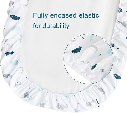 Bassinet Fitted Sheets 4 Pack Compatible with Graco DreamMore/Sense2Snooze Bedside, Simmons Kids and Munchkin Brica Baby Travel Pod, Ultra Soft and Skin-Friendly, Aqua Dinosaurs & White Ocean