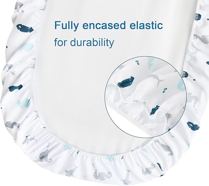 Bassinet Sheets 4 Pack Compatible with 15" x 30" Dream On Me Karley/Lacy, Chicco LullaGo Portable, Fisher-Price and Delta Children Bassinet,Ultra Soft and Skin-Friendly, Aqua Dinosaurs & White Ocean
