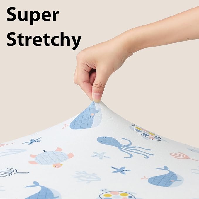 Baby Crib Sheets for Boys and Girls, 3 Pack Toddler Bed Sheets for 52”x28” Standard Toddler Mattresses, Soft Microfiber Fitted Crib Sheets Neutral Blue Ocean Whale