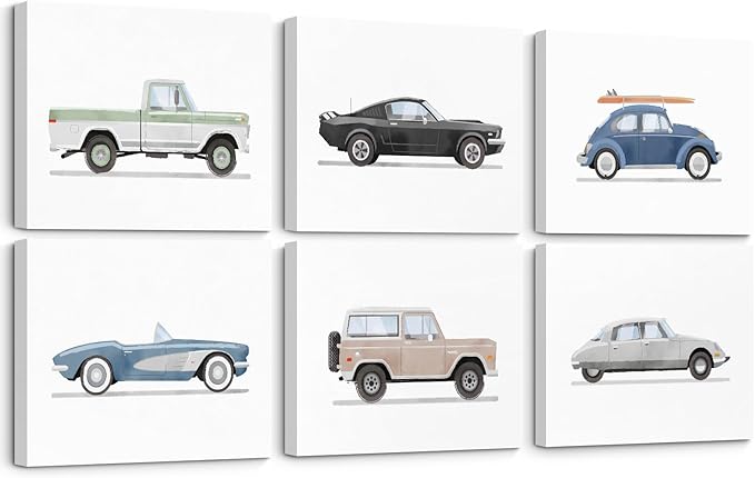 Blue Car Wall Art Decor Boys Room Wall Art Vintage Cars Canvas Poster Pictures Toddler Kids Room Prints Watercolor Vehicle Artwork Painting for Boys Bedroom Nursery 12x16 Inch Framed Set of 6