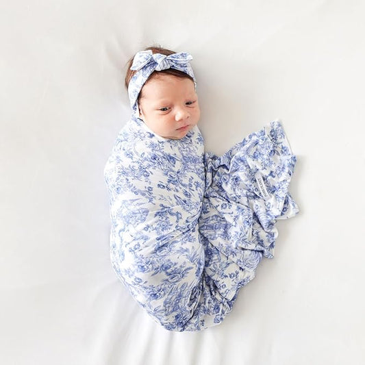 Posh Peanut Swaddle Blanket & Headband Set – Viscose from Bamboo Stretchy Baby Swaddle for Newborn Girls, Receiving Blanket or Nursing Cover (Briar)
