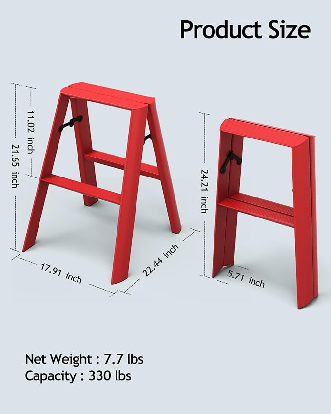 HillhutApex 2 Step Stool, Aluminum Foldable Step Ladder, Lightweight Stable Stool with Non-Slip Pedals, 330lbs Capacity Stylish Ladder for Office,Home,Kitchen -Red