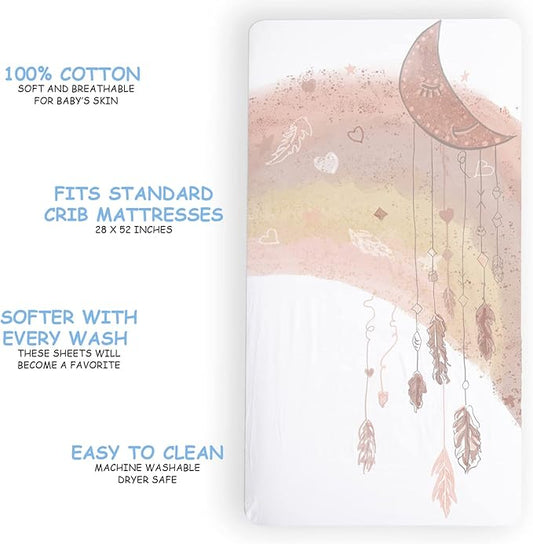 JumpOff Jo - Fitted Crib Sheet, Super Soft 100% Cotton Sheet for Standard Crib Mattresses and Toddler Beds, 28 in. x 52 in, Storytelling Designs - Rainbow Dream Catcher
