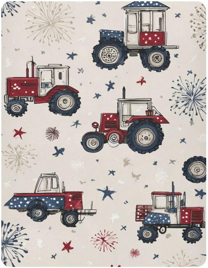 Tractors July 4th Fireworks and Stars Crib Sheets Standard Crib Toddler Mattresses Cover Fitted Baby Bed Sheet Breathable Crib Mattress Sheet for Girls Boys 52" x 28"x5''