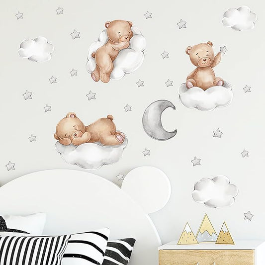Cute Brown Sleeping Baby Bear Wall Stickers, sacinora Moon and Stars DIY Art Wall Decals Removable Vinyl Peel and Stick for Kids Baby Nursery Bedroom Toddler Room Kindergarten Decorations