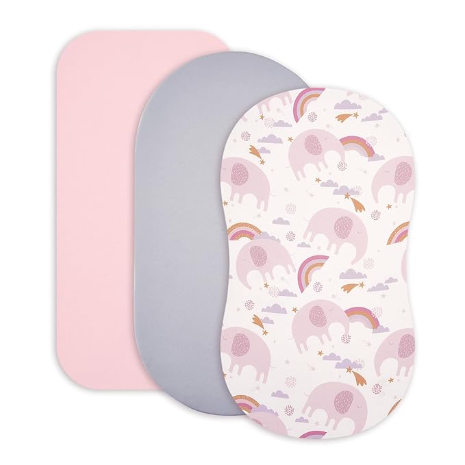 TILLYOU Baby Bassinet Sheets for Girls Boys, Fit for Hourglass Oval Rectangle Bassinet Mattress Sheets, 33”X16”, 3 Pack Rainbow Elephant