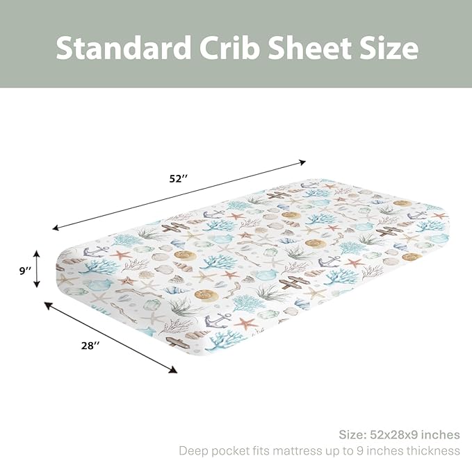 Ocean Boho Summer Baby Crib Sheets for Boy Girl 52"x28" Seashells Conch Starfish Corals Anchors Soft Stretchy Fitted Crib Mattress Cover Nautical Life Baby Sheet for Standard Crib & Toddler Mattress