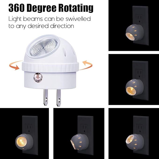 Emotionlite Plug-in Night Lights, Warm White LED Nightlight, 360° Rotation, Dusk to Dawn Sensor, Kids, Adult, Bedroom, Hallway, Bathroom,Kitchen, Stairways, Corridor, 4 Pack