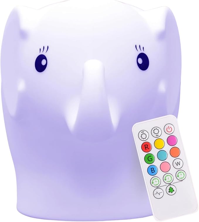 LumiPets Eggbert the Elephant Squishy Night Light for Kids | Silicone Nightlight with Tap, Remote Control | Rechargeable Color Changing Animal Light for Girls & Boys | Portable Mood Lamp With USB Cord