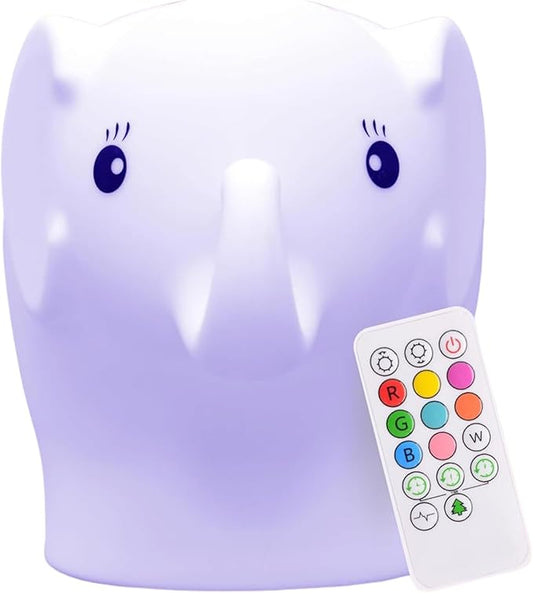 LumiPets Eggbert the Elephant Squishy Night Light for Kids | Silicone Nightlight with Tap, Remote Control | Rechargeable Color Changing Animal Light for Girls & Boys | Portable Mood Lamp With USB Cord